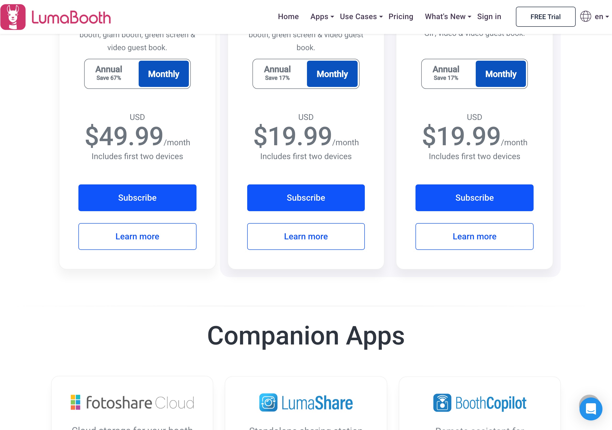 Pictor vs LumaBooth: An Honest Comparison for Photo Booth Operators 2 LumaBooth pricing page monthly toggle on 2026-09-16: Windows $49.99 per month, Apple $19.99 per month, Android $19.99 per month