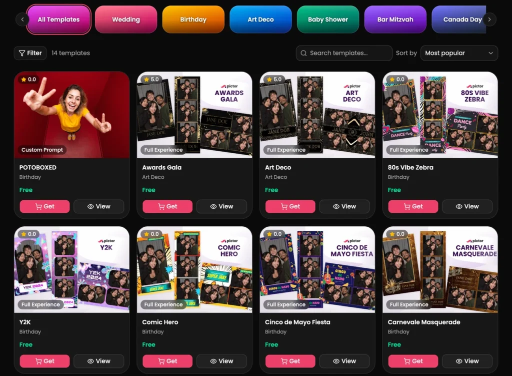 Pictor Photo Booth Marketplace browse grid: full experiences and custom AI prompts filtered by event category, with Get and View buttons