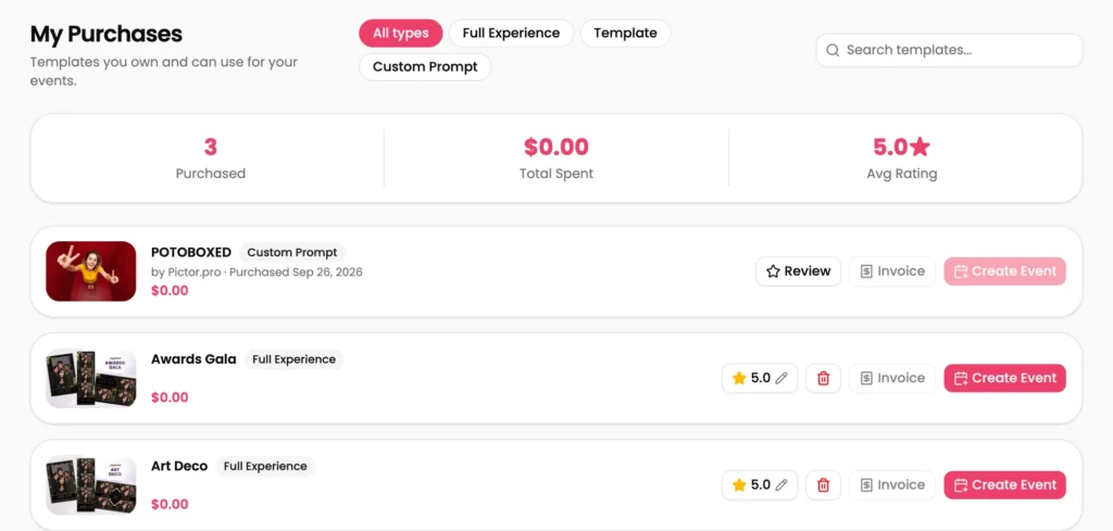 My Purchases list in Pictor showing a custom prompt and two full experiences, each with a Create Event button