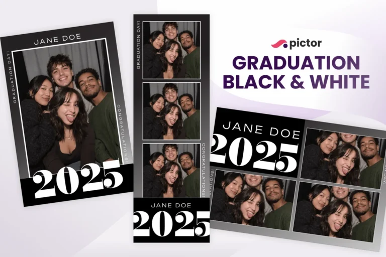 Graduation Black & White photo booth template: print layouts and strip from the Pictor Marketplace