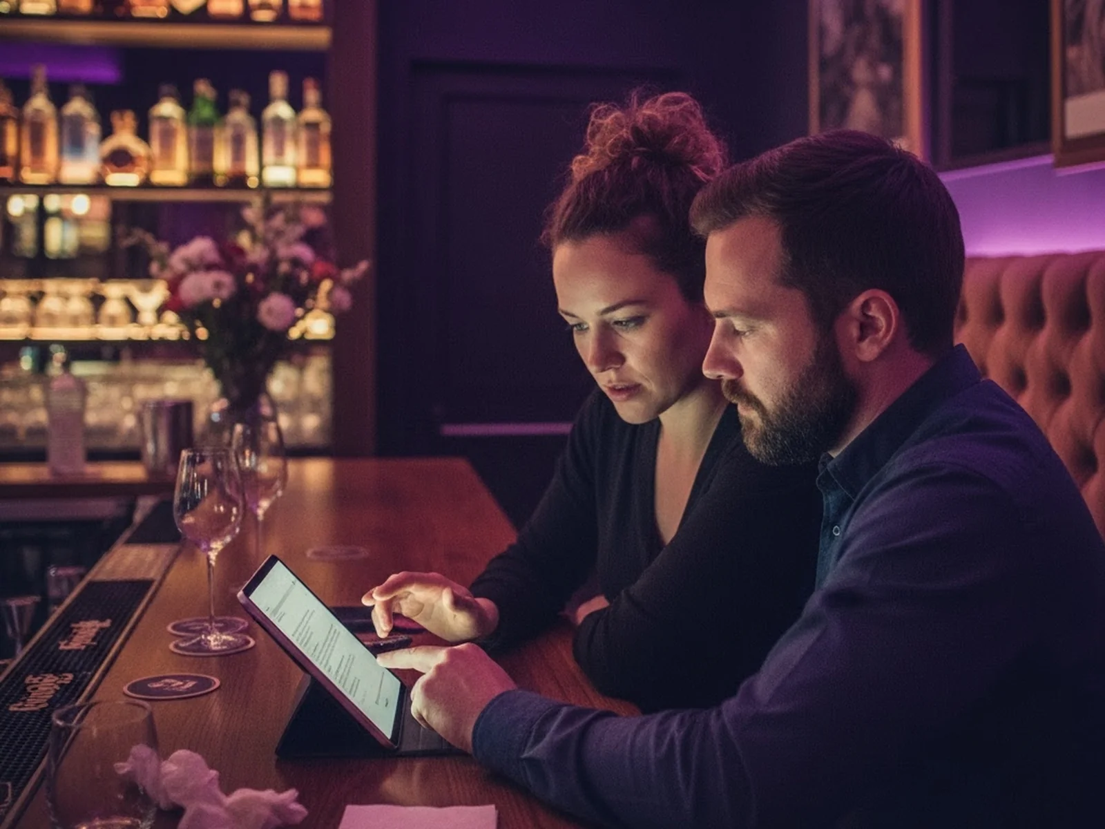 Photo booth operator and a venue owner reviewing a placement proposal on a tablet at a bar counter