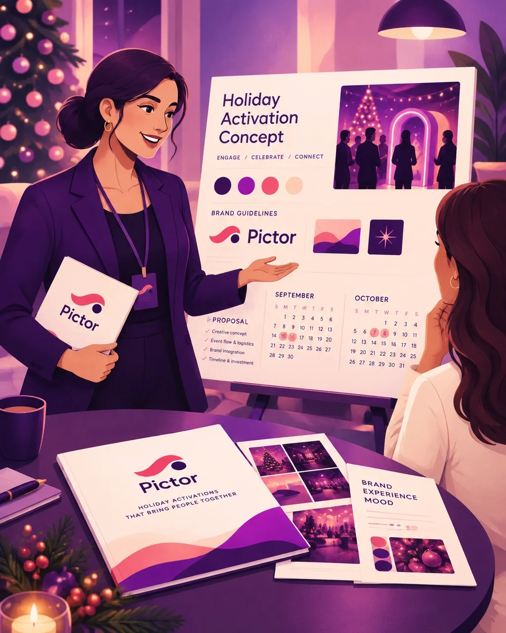 How to Win Q4 Corporate Holiday Bookings (Before Your Competitors Even Pitch) 2 Photo booth operator presenting a branded corporate holiday activation concept to an event planner