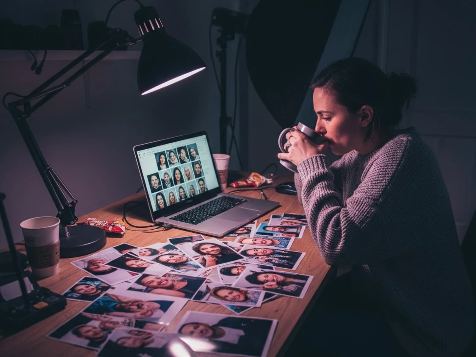 65 AI Photo Booth Prompts That Nail Every Look (With the Formula Behind Them) 6 Photo booth operator at a desk the night before an event reviewing a spread of printed AI test portraits of different people