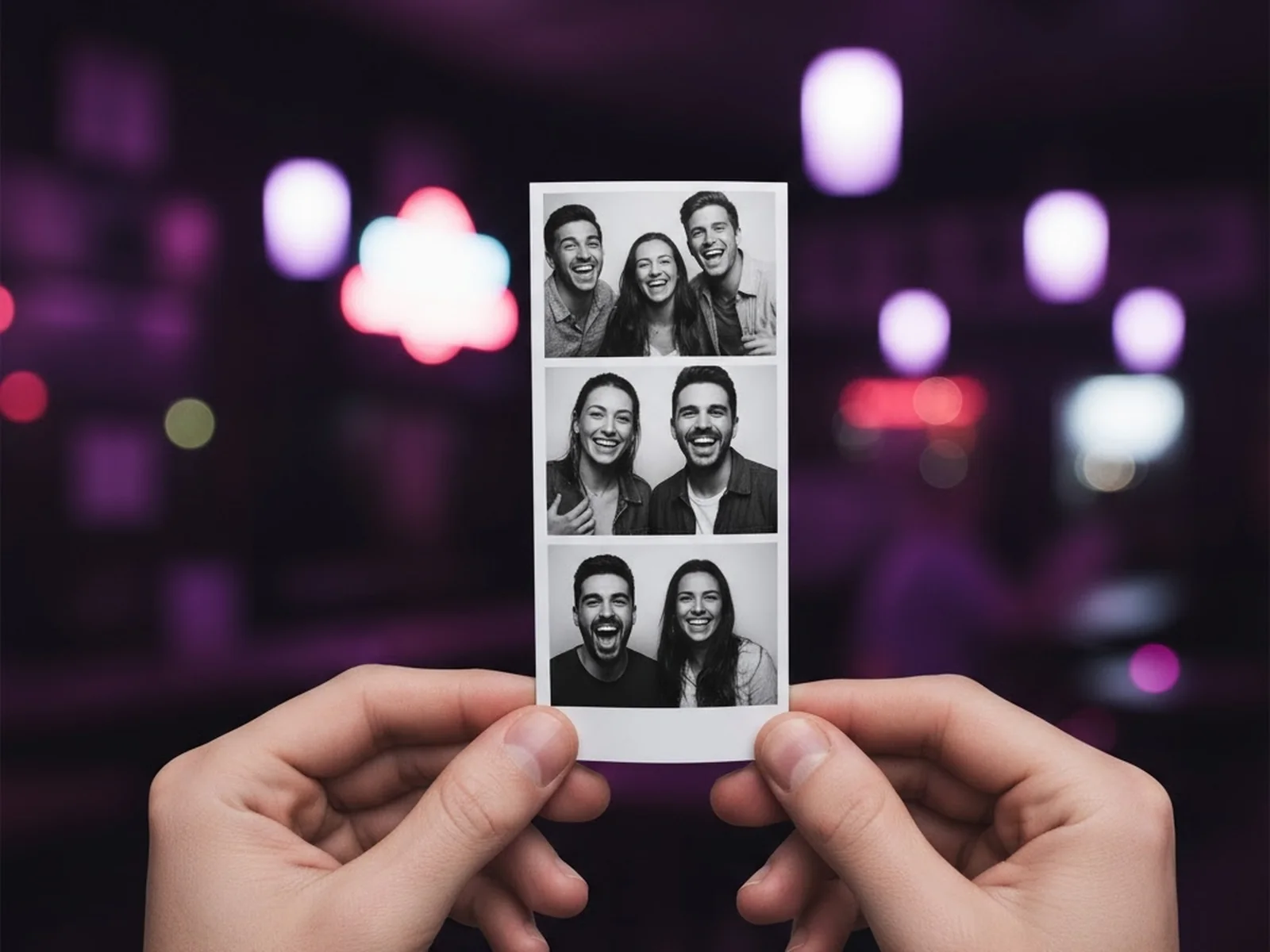 Two hands holding a freshly printed black-and-white photo booth strip in a bar