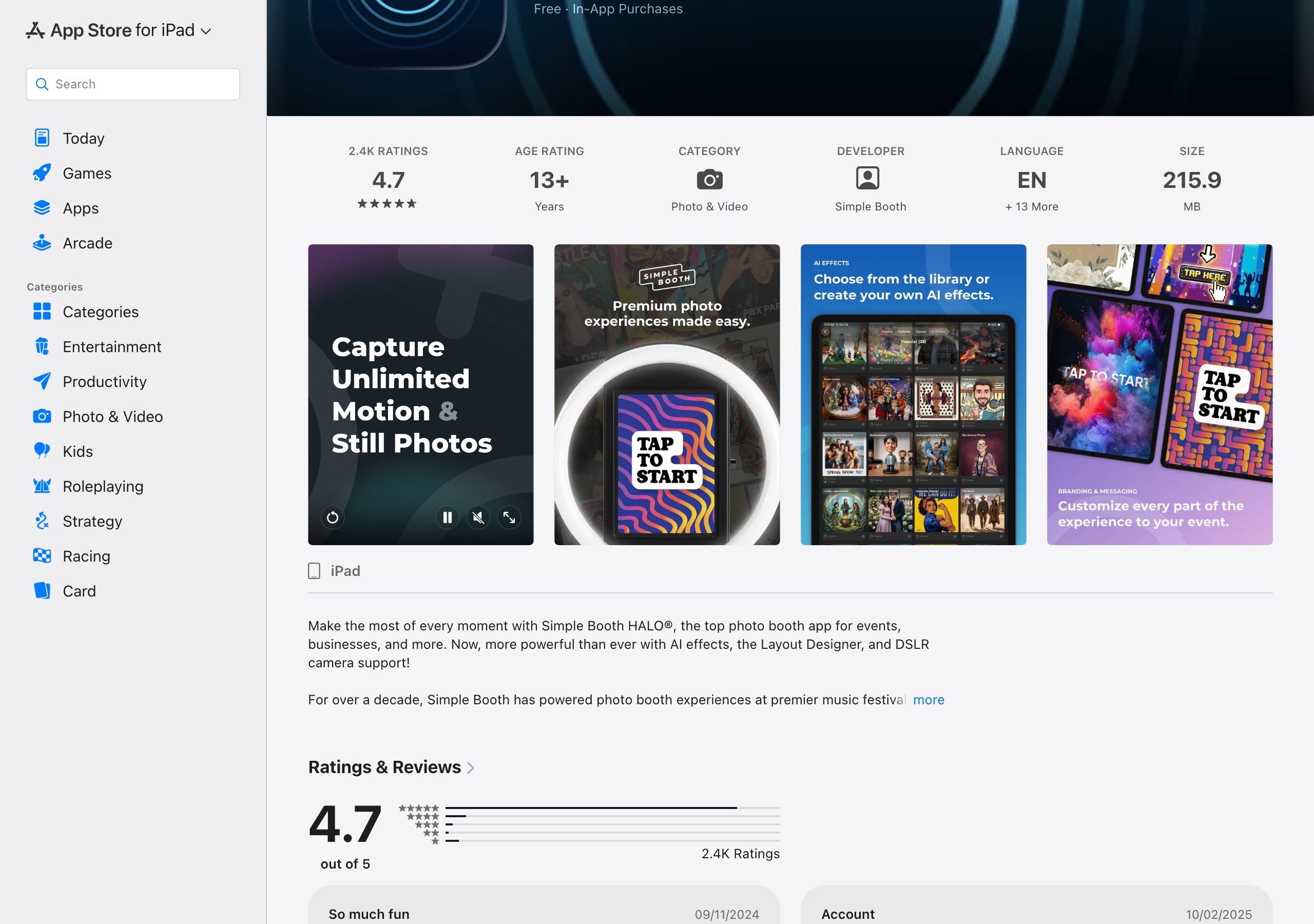 Pictor vs Simple Booth: An Honest Comparison for Photo Booth Operators 5 Simple Booth HALO on the Apple App Store on 2026-09-13: 4.7 out of 5 from 2.4K ratings, listed for iPad