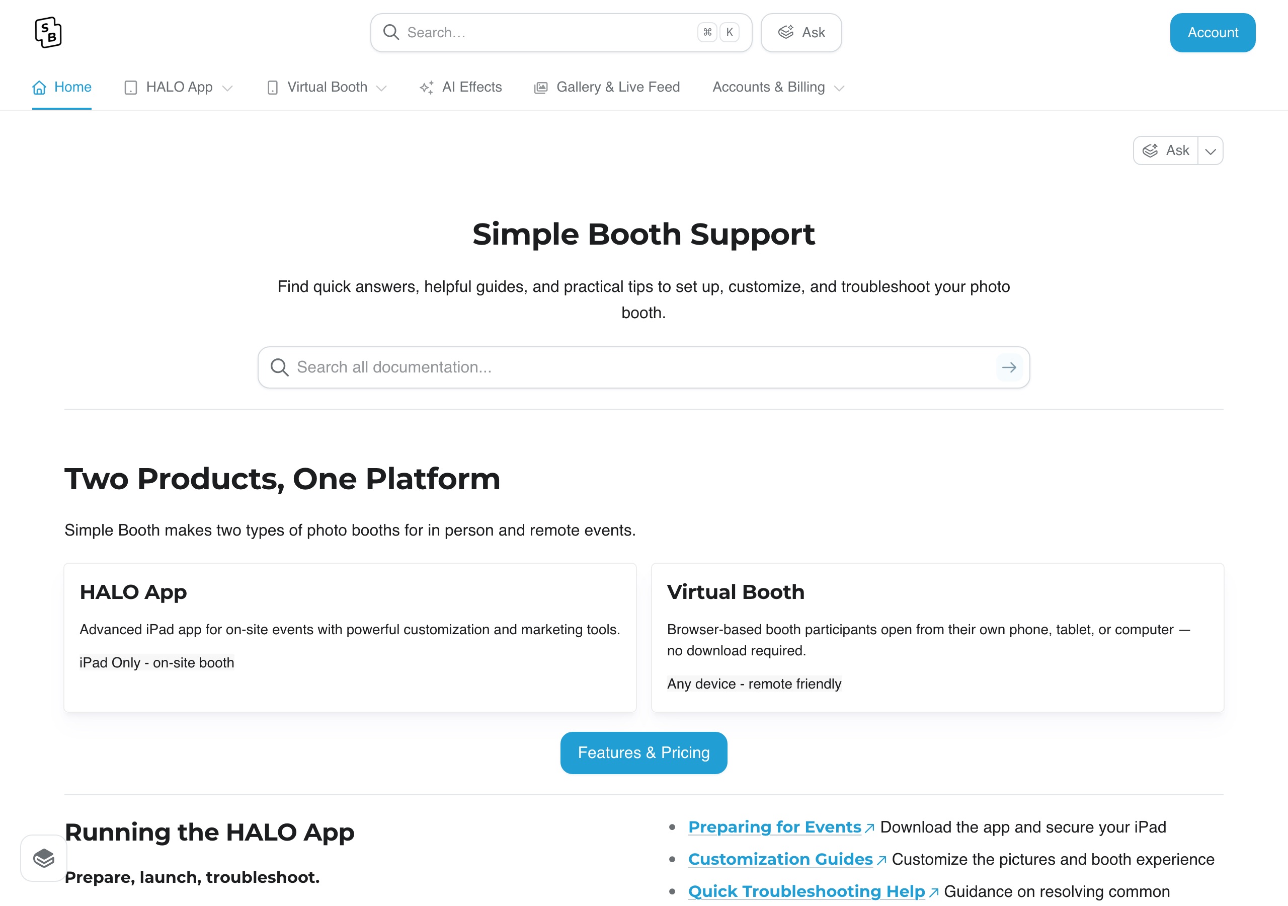 Pictor vs Simple Booth: An Honest Comparison for Photo Booth Operators 4 Simple Booth documentation home on 2026-09-13: HALO App described as iPad Only on-site booth; Virtual Booth described as browser-based on any device