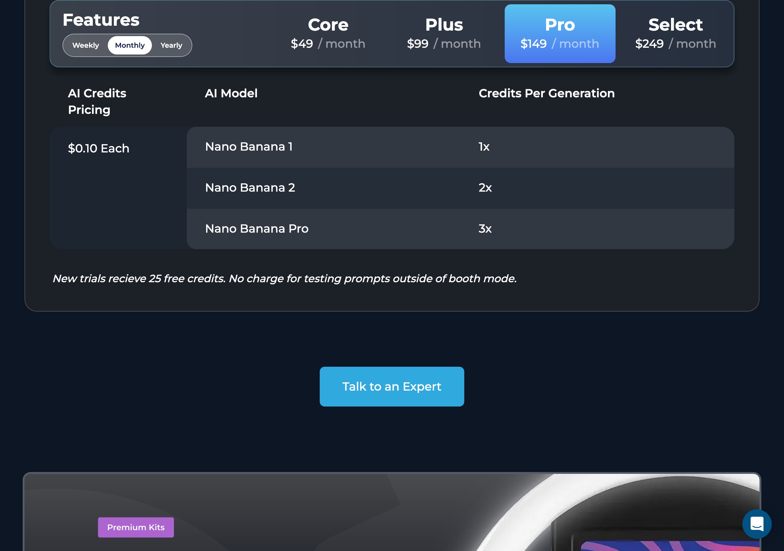 Pictor vs Simple Booth: An Honest Comparison for Photo Booth Operators 6 Simple Booth AI credits pricing on 2026-09-13: $0.10 per credit, Nano Banana 1 = 1x, Nano Banana 2 = 2x, Nano Banana Pro = 3x, new trials receive 25 free credits