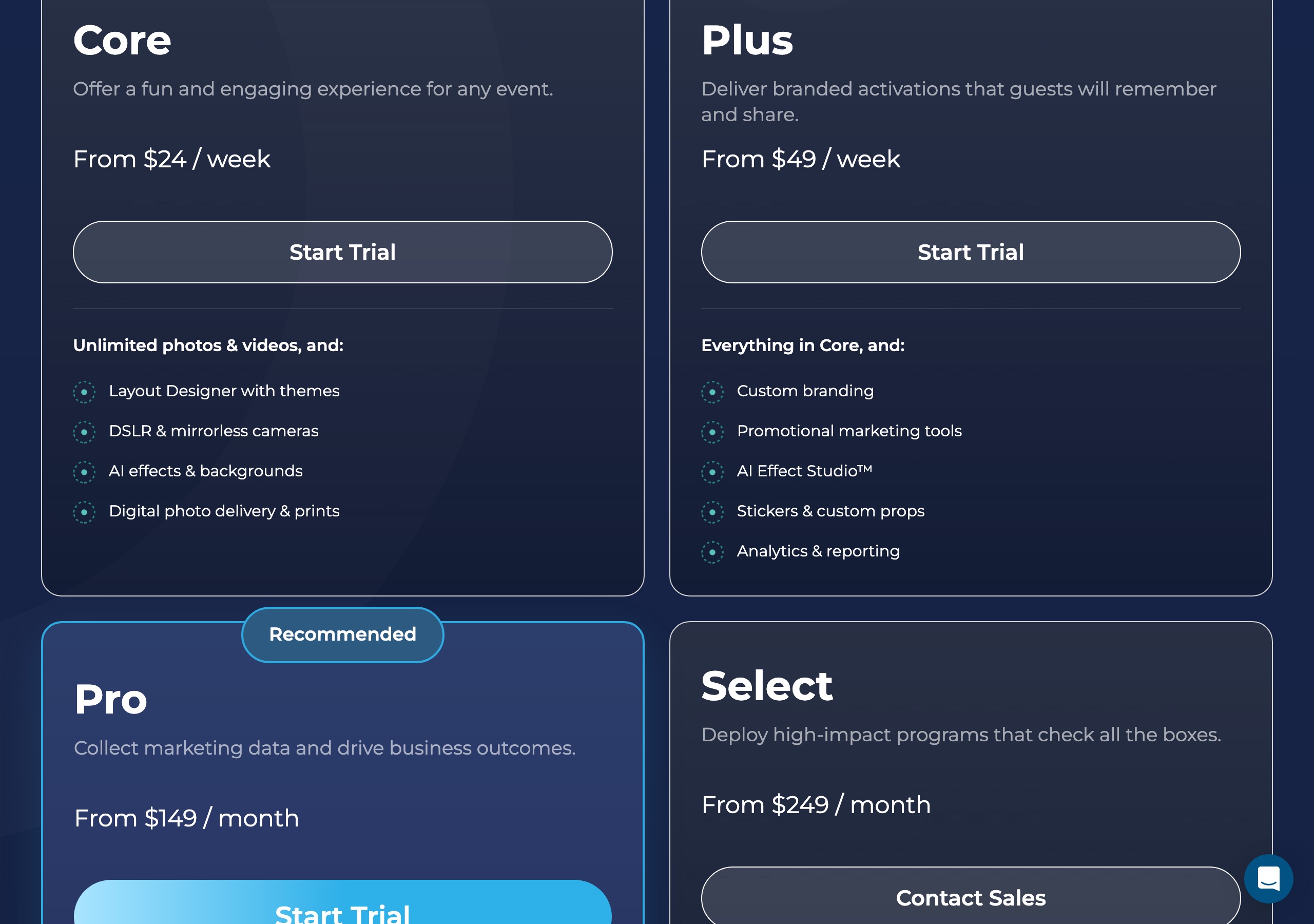Pictor vs Simple Booth: An Honest Comparison for Photo Booth Operators 1 Simple Booth plans page on 2026-09-13: Core from $24/week, Plus from $49/week, Pro from $149/month, Select from $249/month