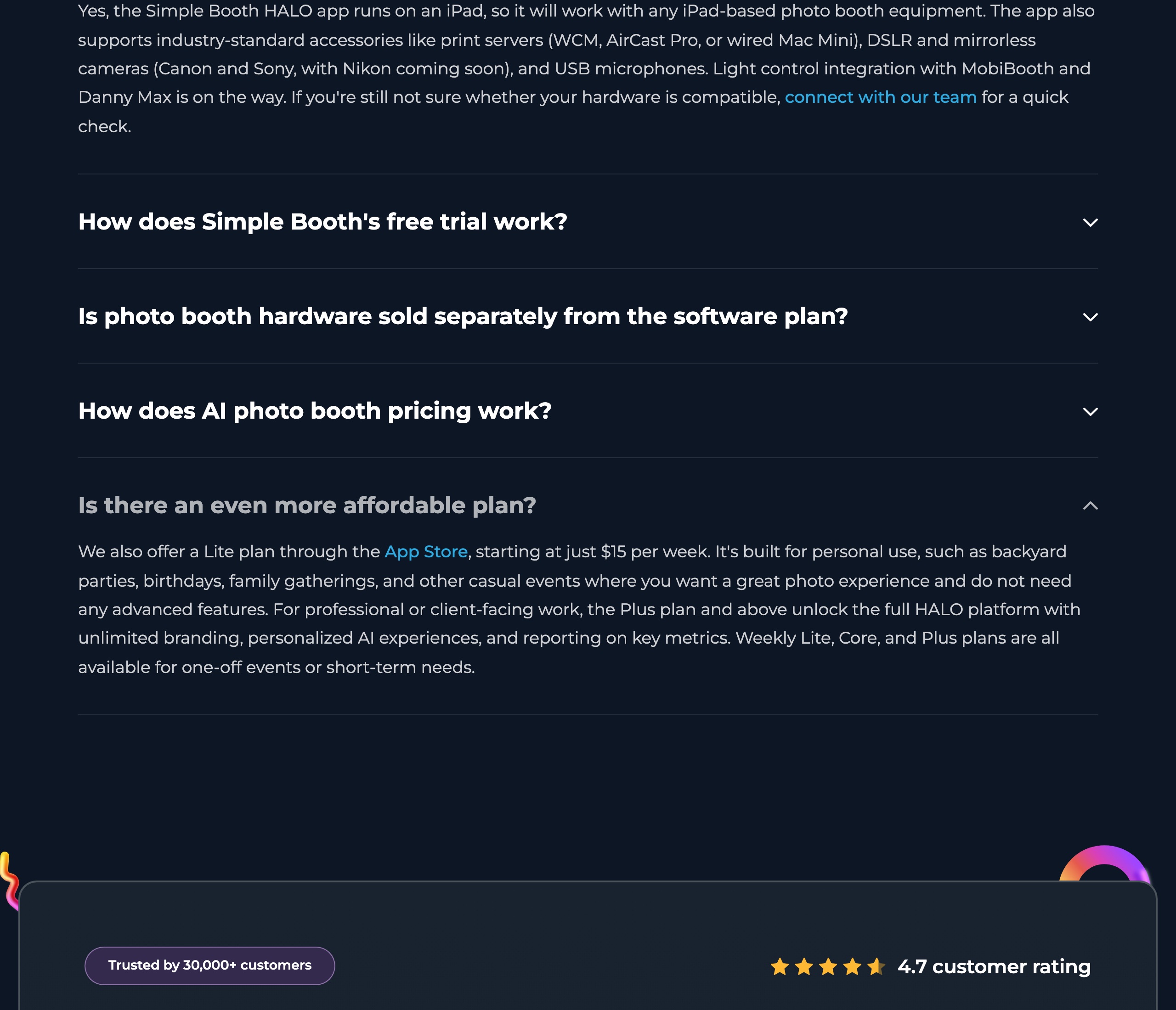 Pictor vs Simple Booth: An Honest Comparison for Photo Booth Operators 3 Simple Booth plans FAQ on 2026-09-13: DSLR support is Canon and Sony with Nikon coming soon, and a Lite plan is available through the App Store from $15 per week