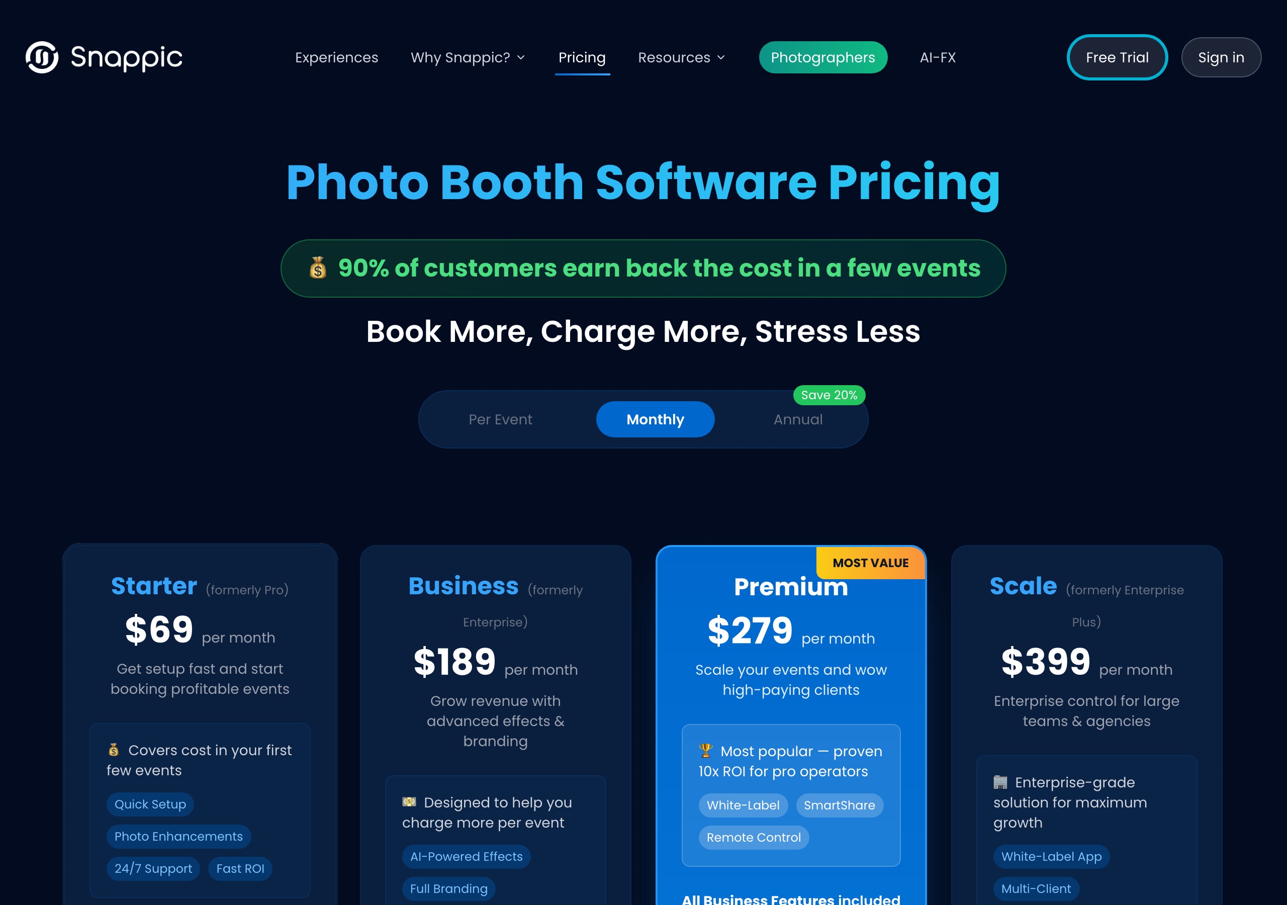 Pictor vs Snappic: An Honest Comparison for Photo Booth Operators 1 Snappic pricing page on 2026-09-13: Starter $69, Business $189, Premium $279, Scale $399 per month, annual save 20 percent