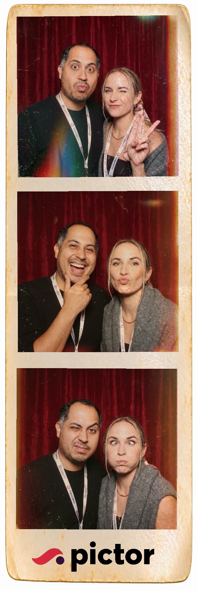 PBX Europe 2026 Recap: Both Talks, Both Decks 10 Vintage-style AI photo strip of Christian and Sarah from The Boothers Podcast, taken at the Pictor stand at PBX Europe 2026