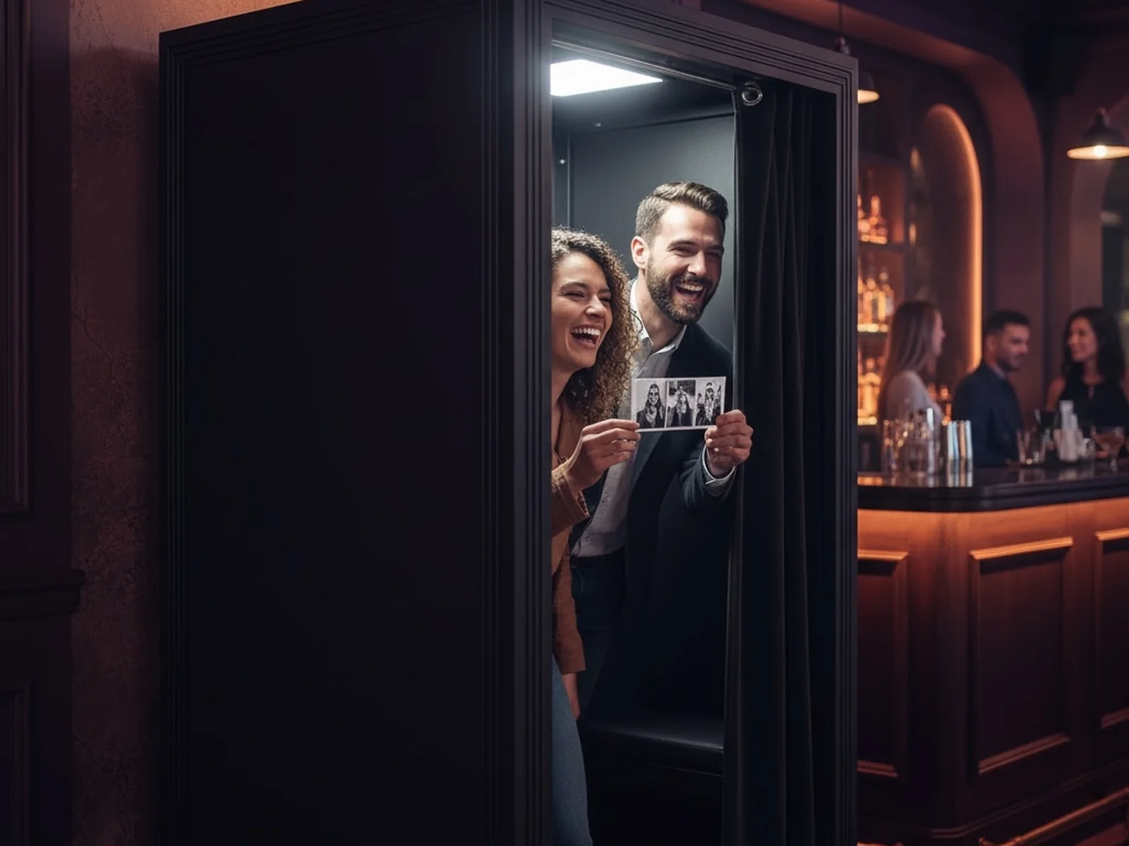 Friends stepping out of an enclosed vintage sit-in photo booth installed in a cocktail bar, holding a printed photo strip