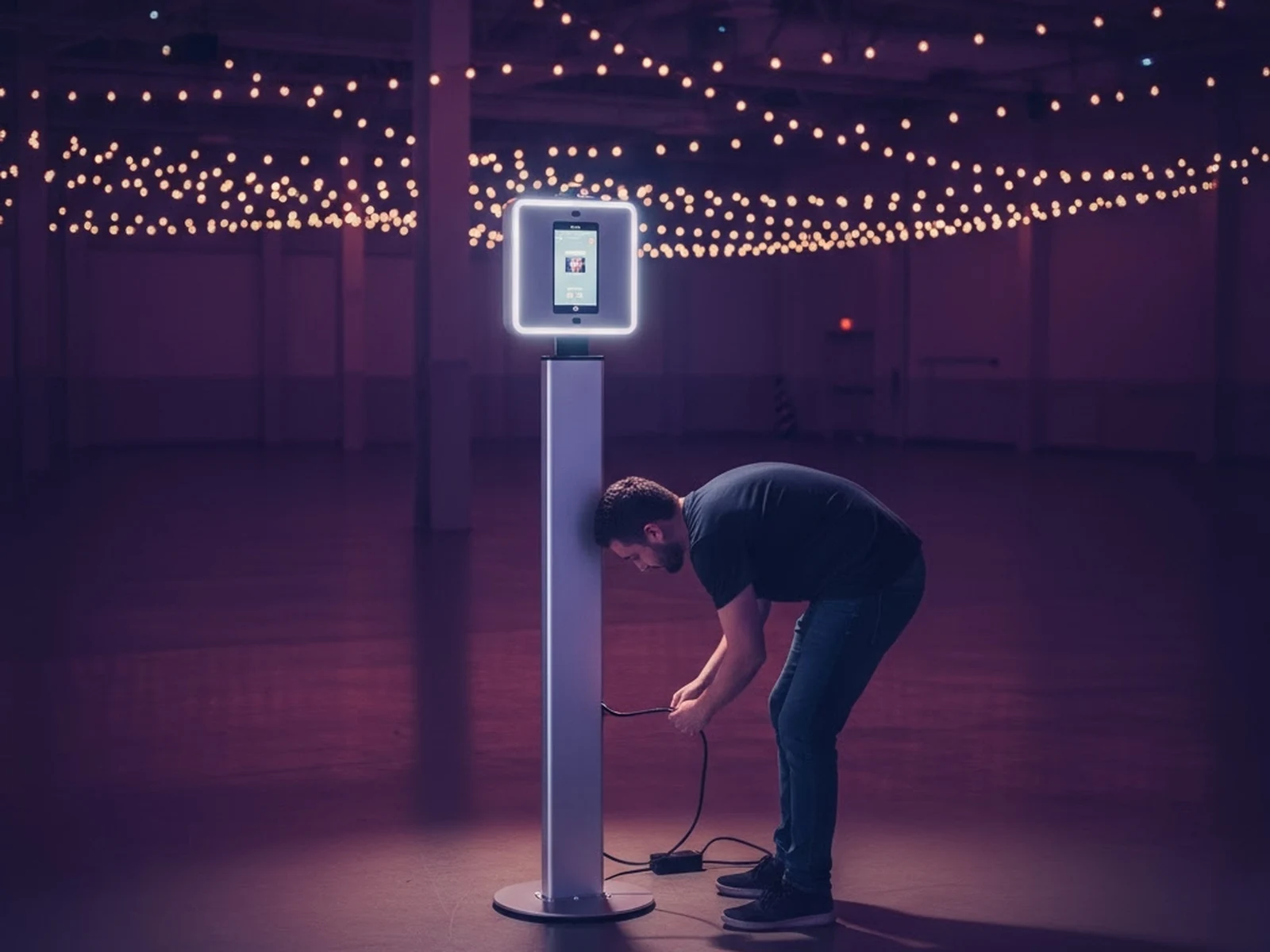 What You Actually Need for Your First Photo Booth Event 2 Photo booth operator setting up a tall Mobibooth Aura photo booth tower with an edge-lit iPad head, plugging in a power cable in an empty event hall