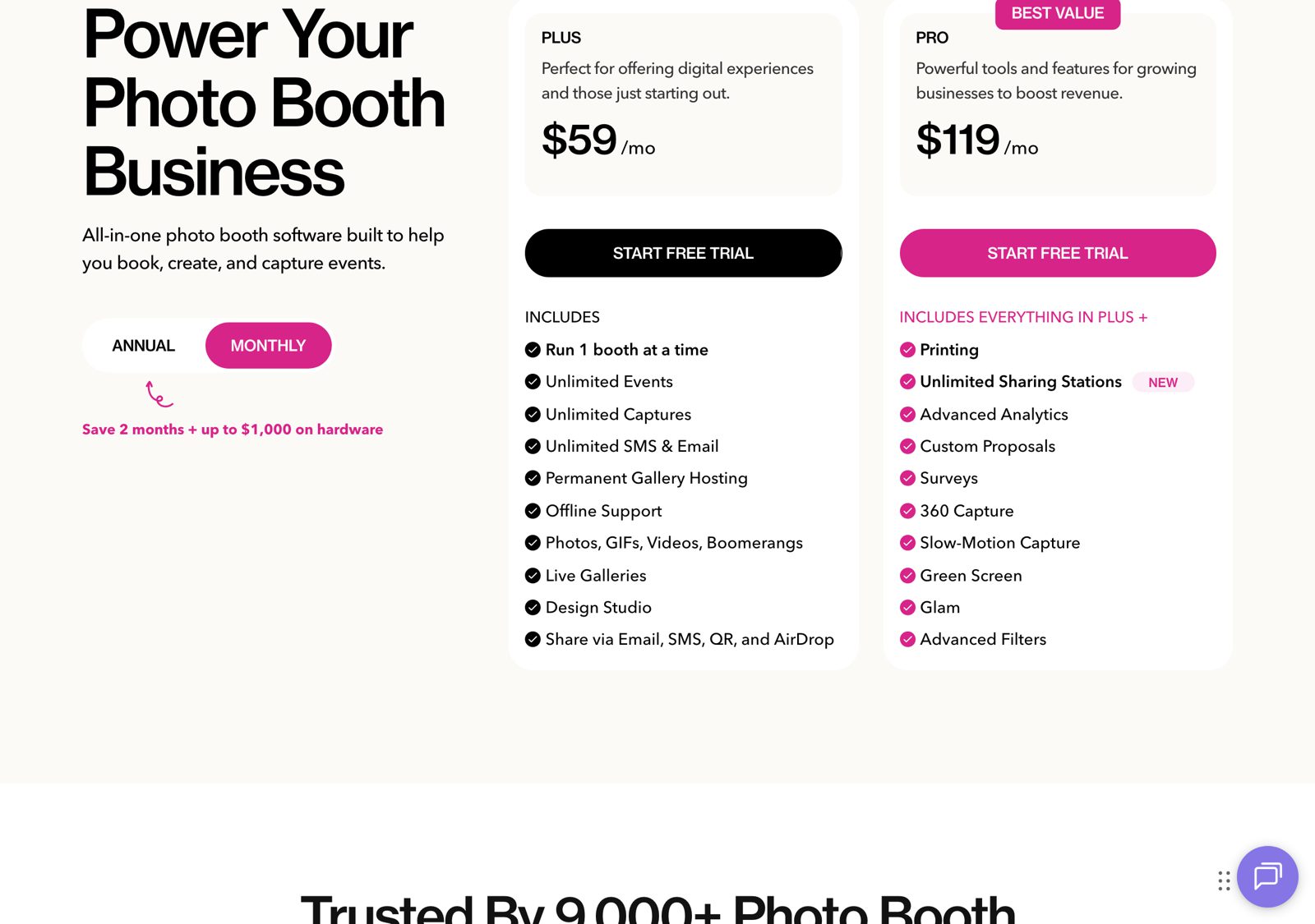 Pictor vs Fiesta (PBSCO): Keep Your Booth, Switch the Software 7 Fiesta pricing page, monthly view, on 2026-10-05: Plus $59/mo, Pro $119/mo; Plus runs 1 booth at a time; Printing listed under Pro
