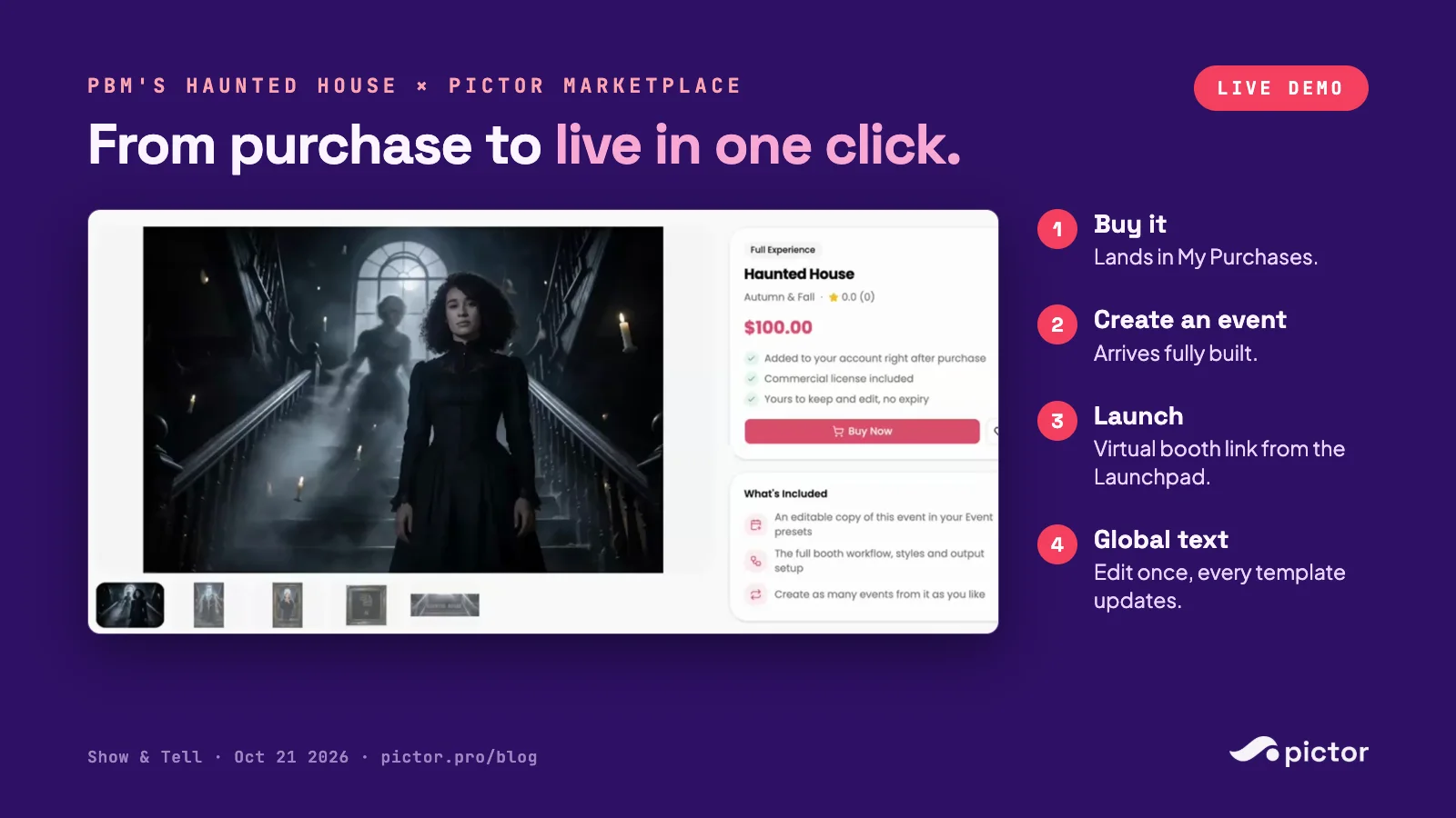 How to Sell Photo Booth Experiences Clients Actually Book: Ursula McKinley of Photo Booth Marketing 5 Photo Booth Marketing's Haunted House listing in the Pictor Marketplace at 100 dollars, with four launch steps: buy it, create an event, launch a virtual booth, edit global text