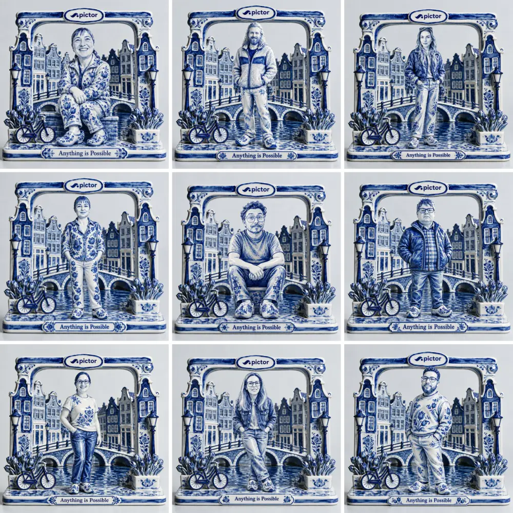 PBX Europe 2026 Recap: Both Talks, Both Decks 5 Nine Delft blue porcelain figurine portraits of PBX Europe 2026 keynote attendees, made live with a Pictor AI virtual booth