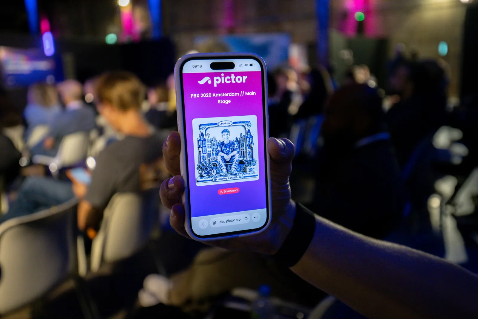 PBX Europe 2026 Recap: Both Talks, Both Decks 4 Attendee holding a phone showing a Delft blue figurine portrait in the Pictor gallery for PBX 2026 Amsterdam Main Stage