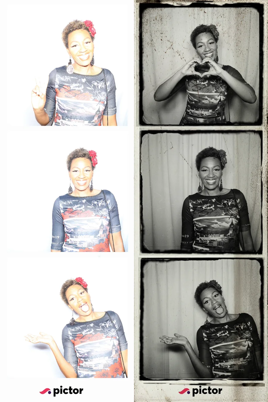 Side-by-side photo strips from PBX Las Vegas 2026: on the left, three deliberately overexposed camera captures of a guest; on the right, the same three poses rebuilt by Pictor generative AI as a black-and-white vintage photo strip