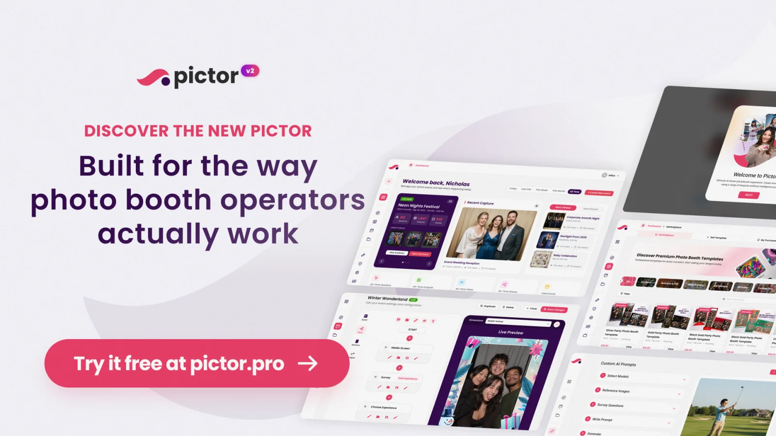 Pictor v2: A Complete Rebuild, Now Live 7 Pictor v2 product overview: built for the way photo booth operators actually work. Try it free at pictor.pro