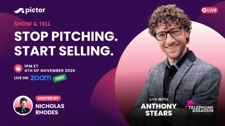 Show and Tell: Stop Pitching. Start Selling. Live with Anthony Stears of Telephone Assassin Online Academy, hosted by Nicholas Rhodes, November 4 2026 at 1 PM ET on Zoom, free